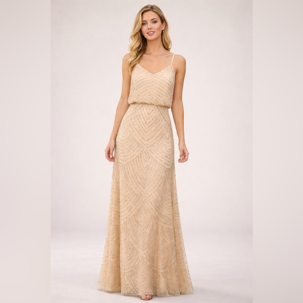 Adrianna Papell SZ 14 Champagne Gold Beaded Art Deco Blouson Gown NWT GALA MOB